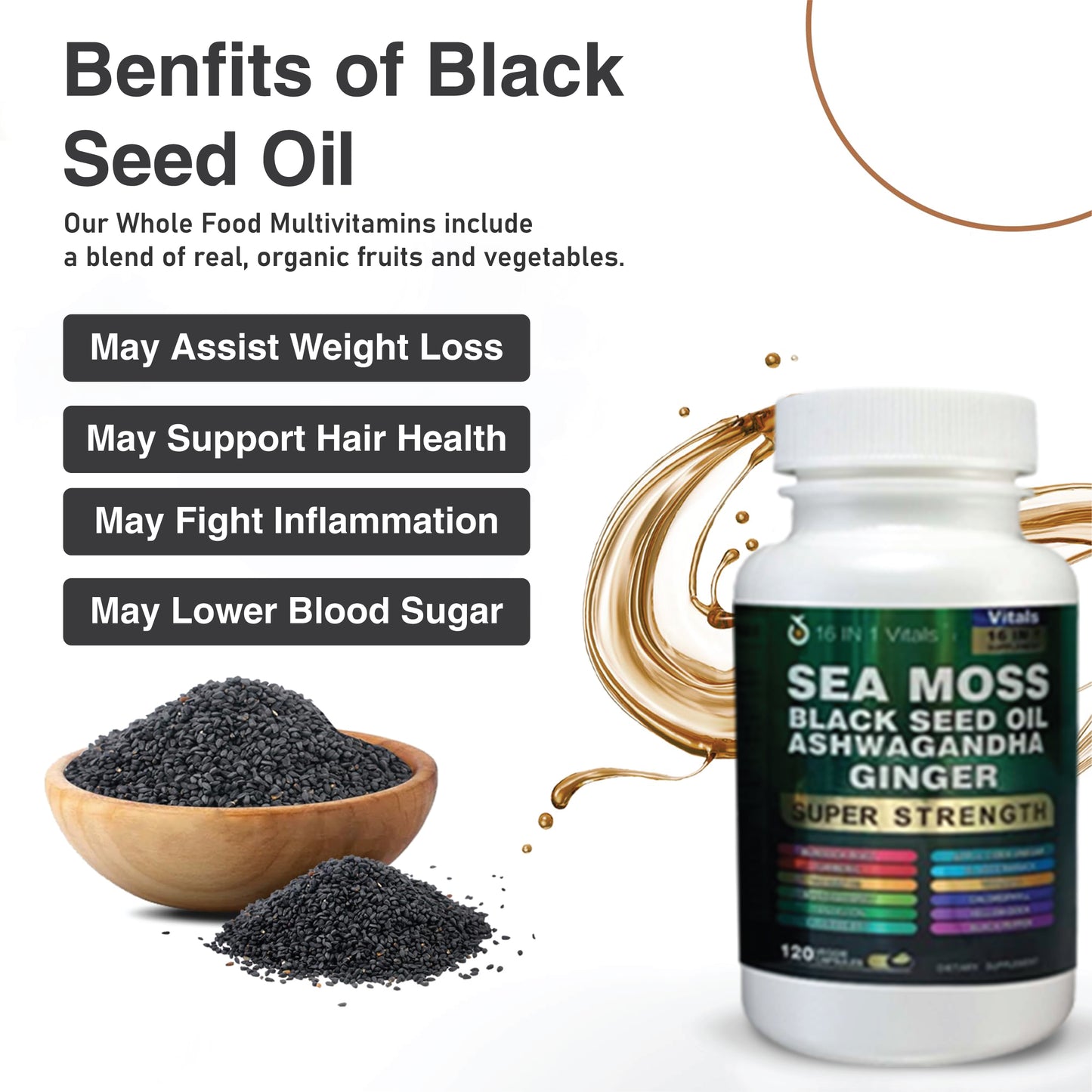 Sea Moss Black Seed Oil Ashwagandha Ginger & Veggies Supplements (Pack of 2)