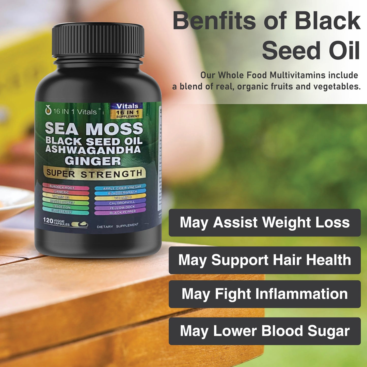 Sea Moss Black Seed Oil Ashwagandha Ginger, Fruits & Veggies Supplements (Pack of 4)