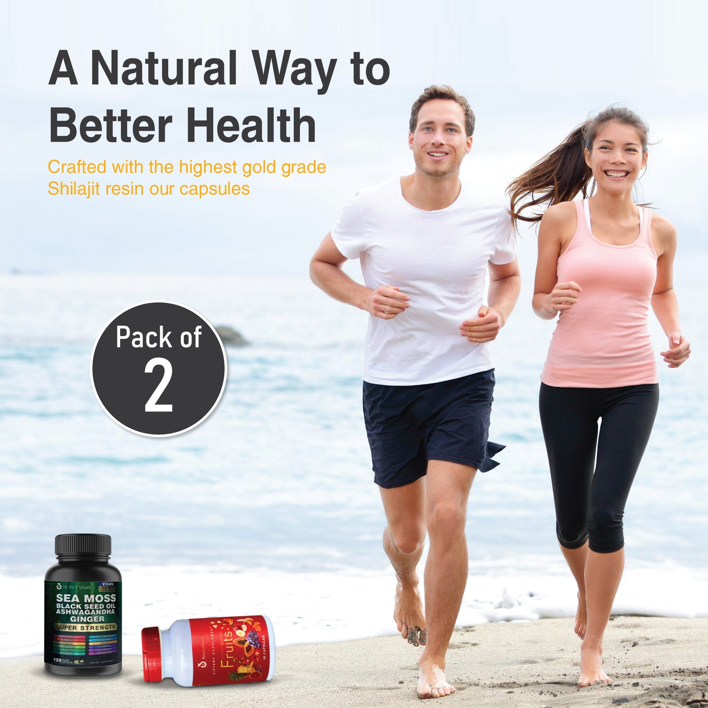 Sea Moss, Black Seed Oil, Ashwagandha, Ginger & FruitaVitals Fruits Supplements Combo (Pack of 2)