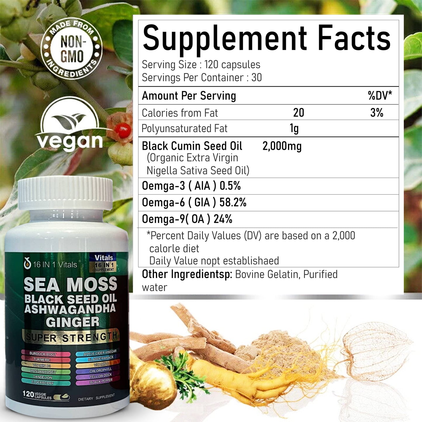 Sea Moss Black Seed Oil Ashwagandha Ginger Capsules