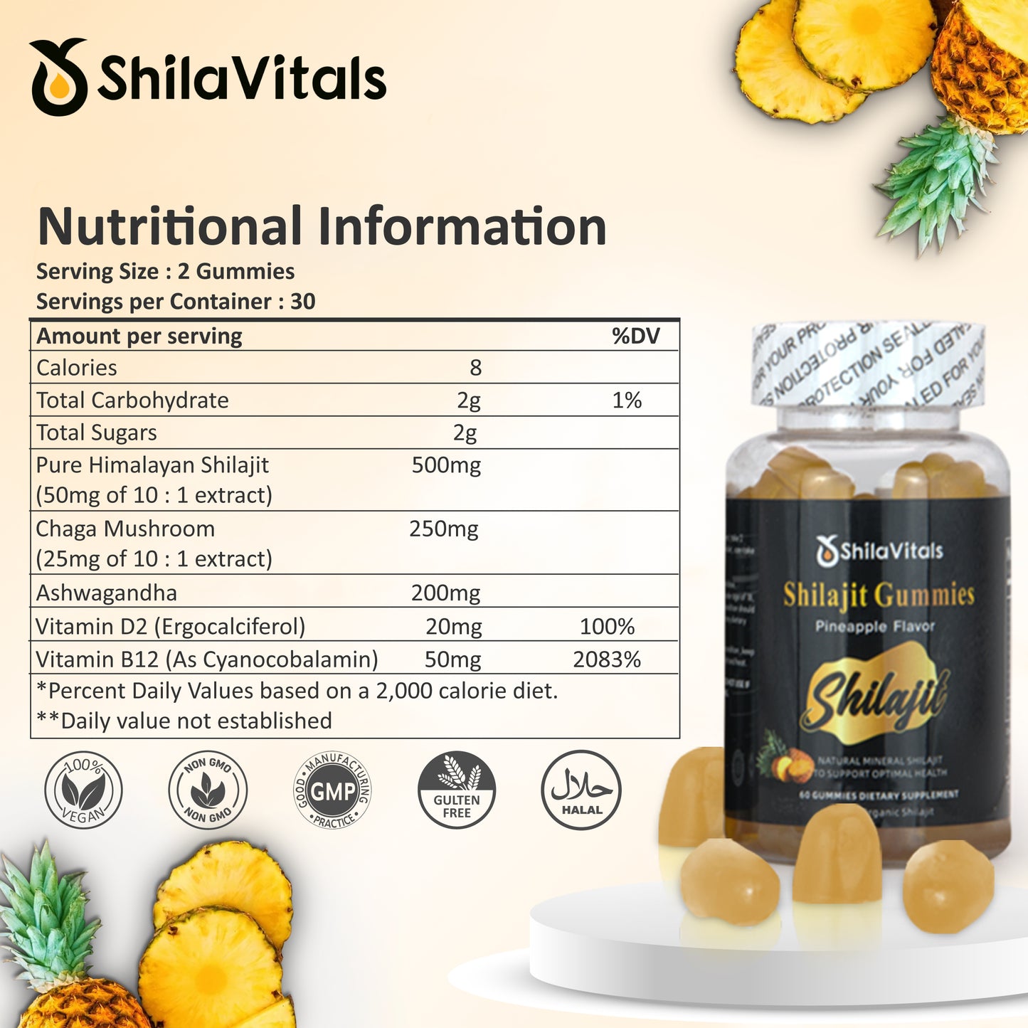 ShilaVitals Organic Shilajit Gummies – Pineapple Flavor – 500mg Daily Energy Support