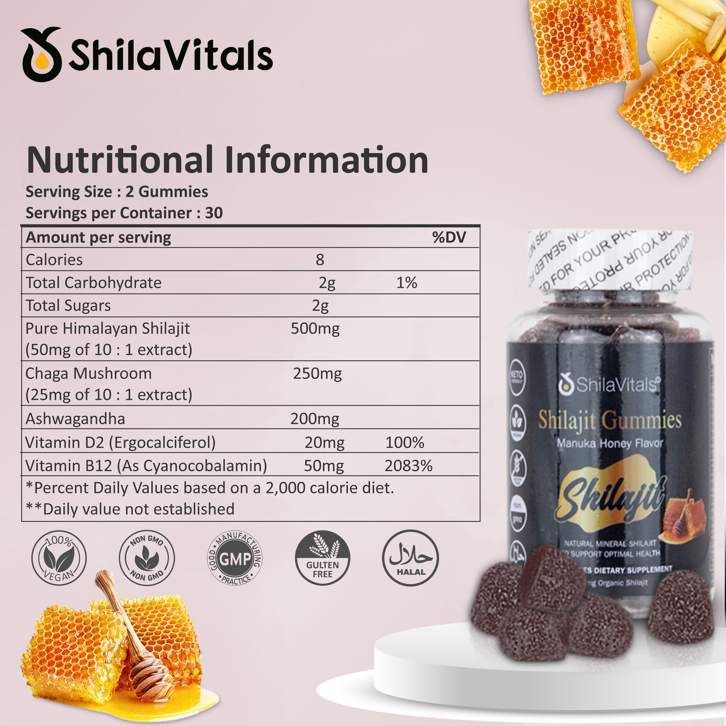 ShilaVitals Organic Shilajit Gummies – Manuka Honey Flavor – 500mg Wellness Boost