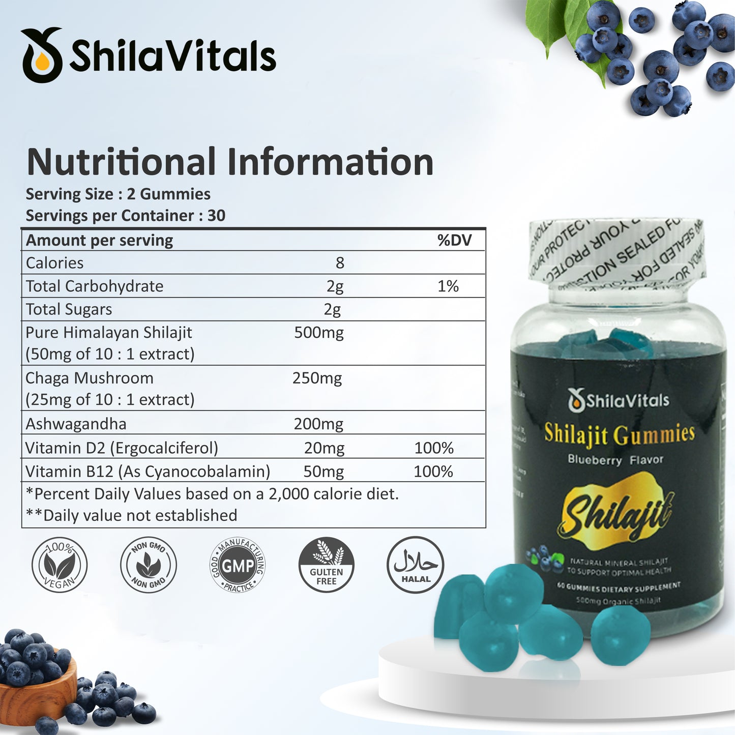 ShilaVitals Organic Shilajit Blueberry Gummies – 500mg Natural Wellness Support