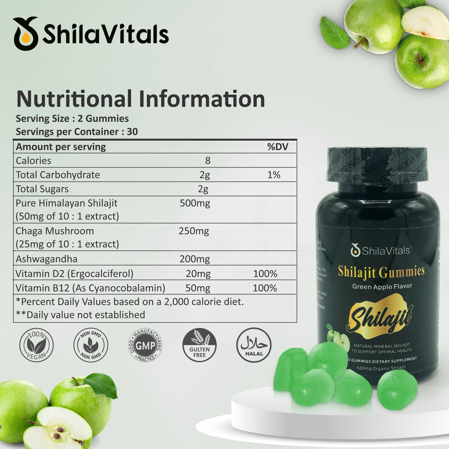 ShilaVitals Organic Shilajit Gummies – Green Apple Flavor – 500mg Daily Wellness Support