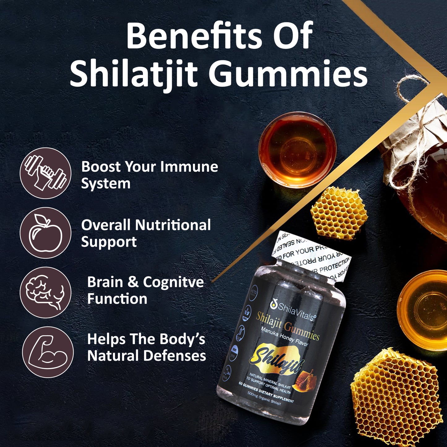 ShilaVitals Organic Shilajit Gummies – Manuka Honey Flavor – 500mg Wellness Boost