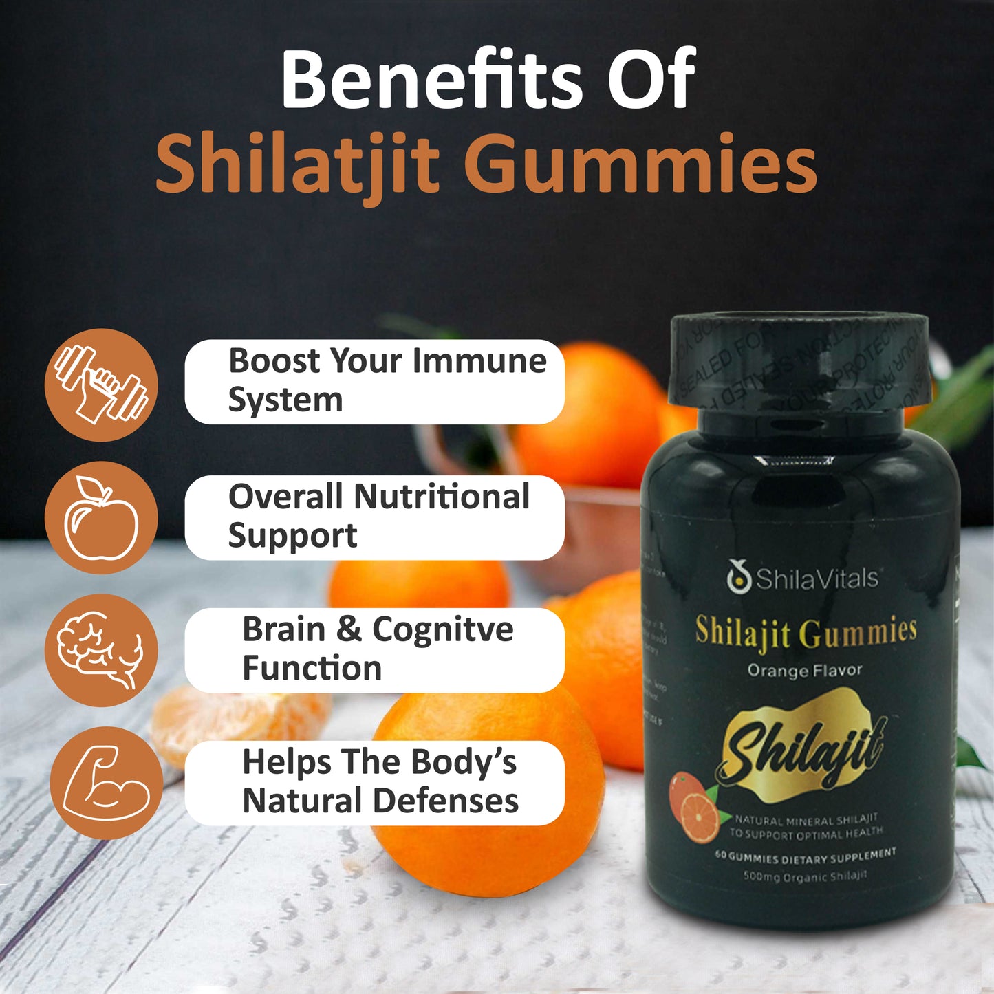 ShilaVitals Organic Shilajit Gummies – Orange Flavor – 500mg Natural Wellness Support