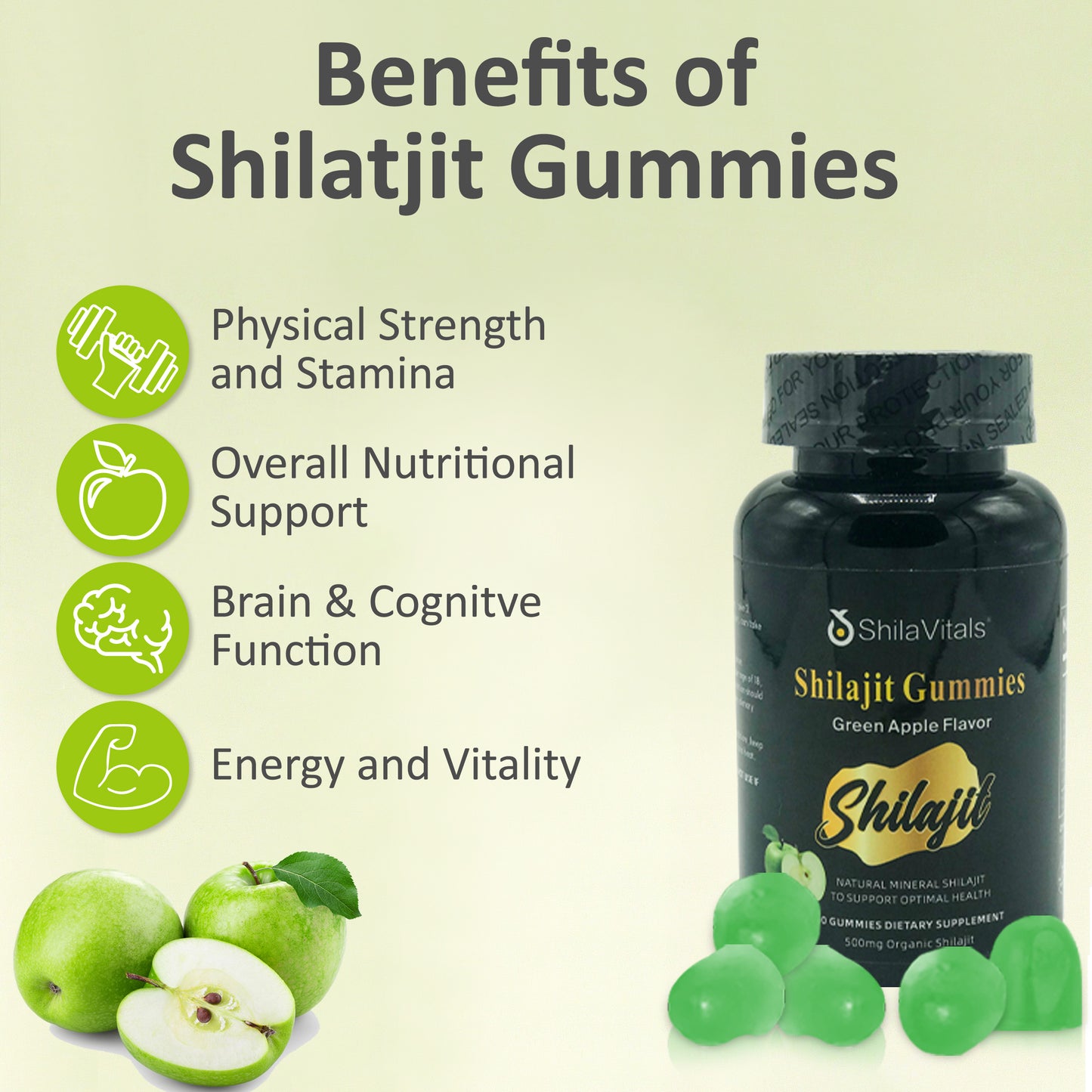 ShilaVitals Organic Shilajit Gummies – Green Apple Flavor – 500mg Daily Wellness Support