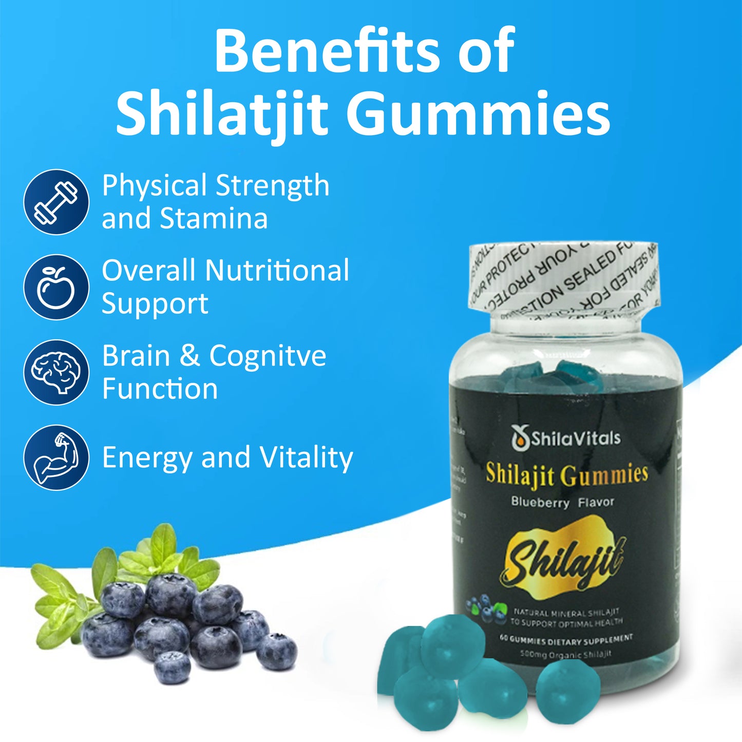 ShilaVitals Organic Shilajit Blueberry Gummies – 500mg Natural Wellness Support