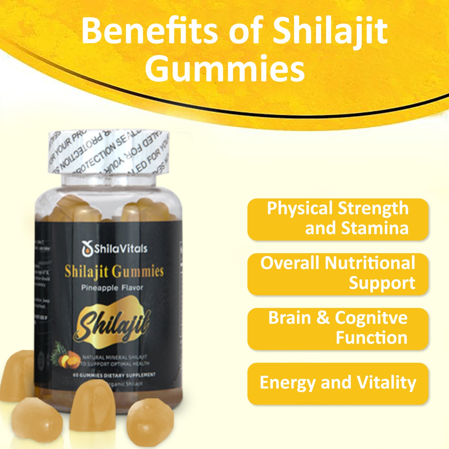 ShilaVitals Organic Shilajit Gummies – Pineapple Flavor – 500mg Daily Energy Support