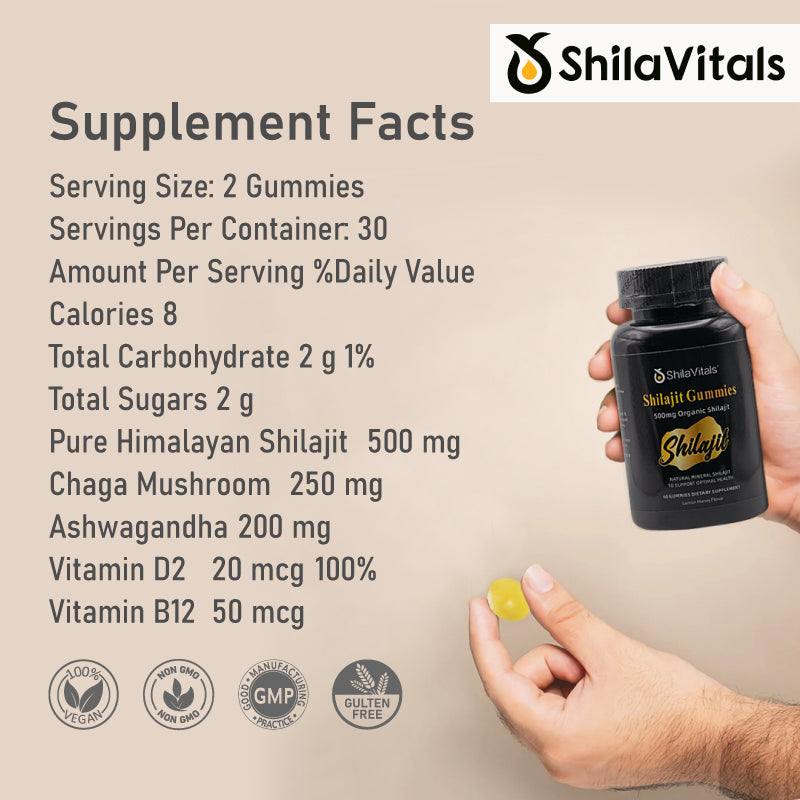 ShilaVitals Organic Shilajit Gummies – Honey Lemon Flavor – 500mg Natural Wellness Support