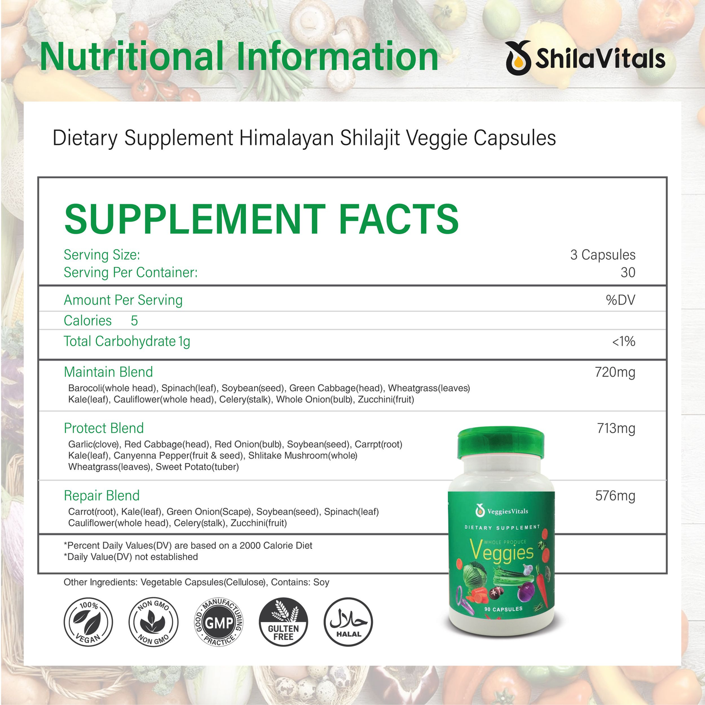 VeggiesVitals Whole Produce Veggie Capsules – Daily Vegetable Supplement – 90 Capsules
