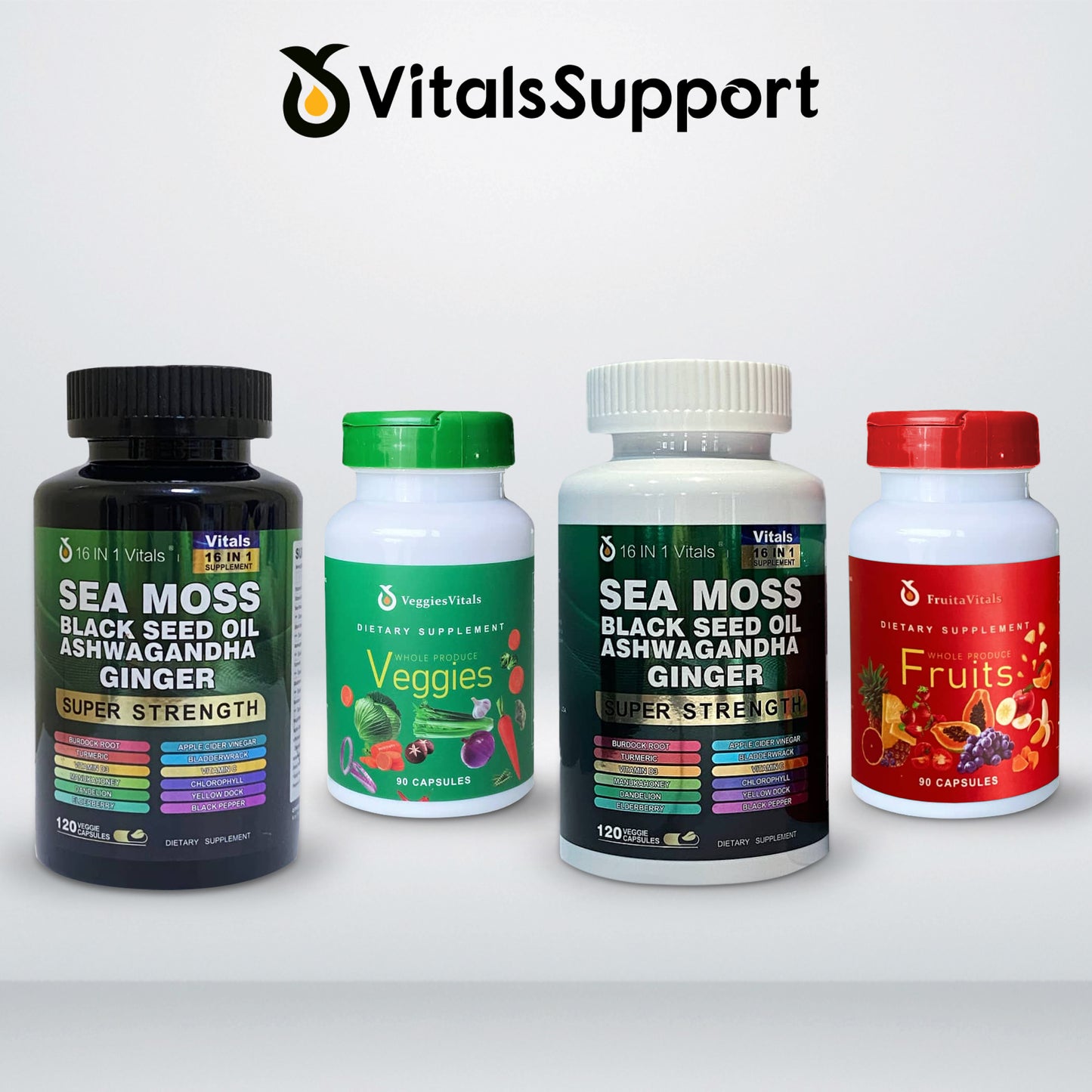 Sea Moss Black Seed Oil Ashwagandha Ginger, Fruits & Veggies Supplements (Pack of 4)