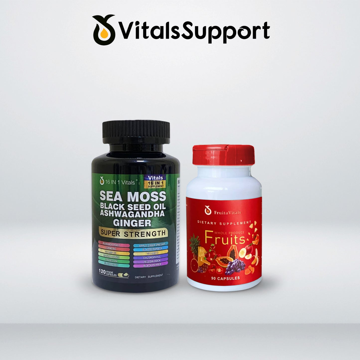 Sea Moss, Black Seed Oil, Ashwagandha, Ginger & FruitaVitals Fruits Supplements Combo (Pack of 2)