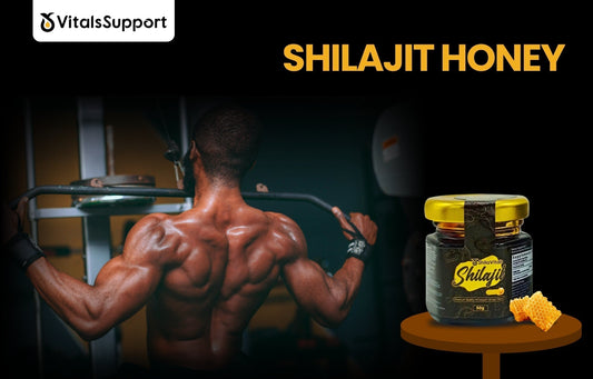 Shilajit Honey by Vitals Support  natural energy and strength booster for men, shown with a fitness background