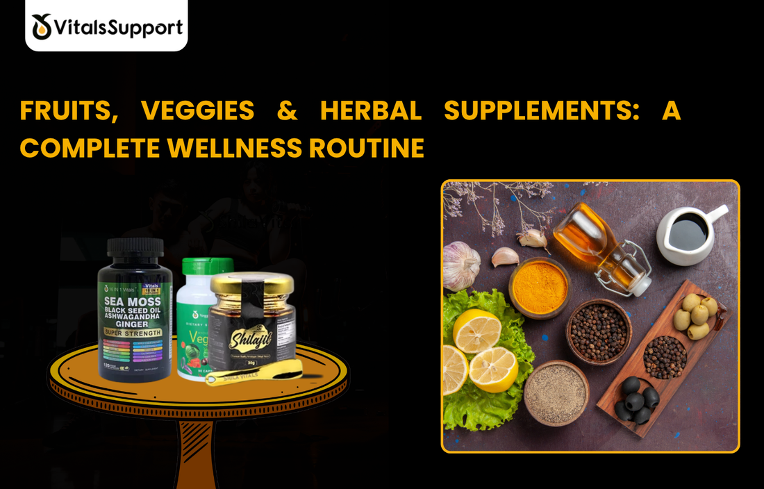 A vibrant arrangement of fresh kale, blueberries, and citrus fruits alongside premium VitalsSupport herbal supplement bottles on a clean wooden table.