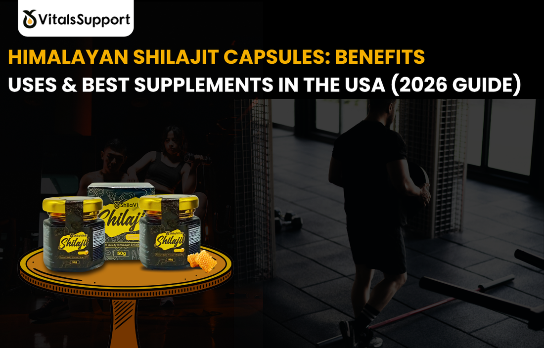 "Premium Himalayan Shilajit capsules for natural energy and vitality, VitalsSupport USA supplement bottle."
