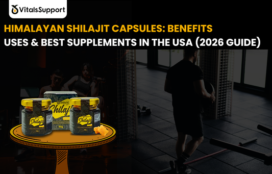 "Premium Himalayan Shilajit capsules for natural energy and vitality, VitalsSupport USA supplement bottle."