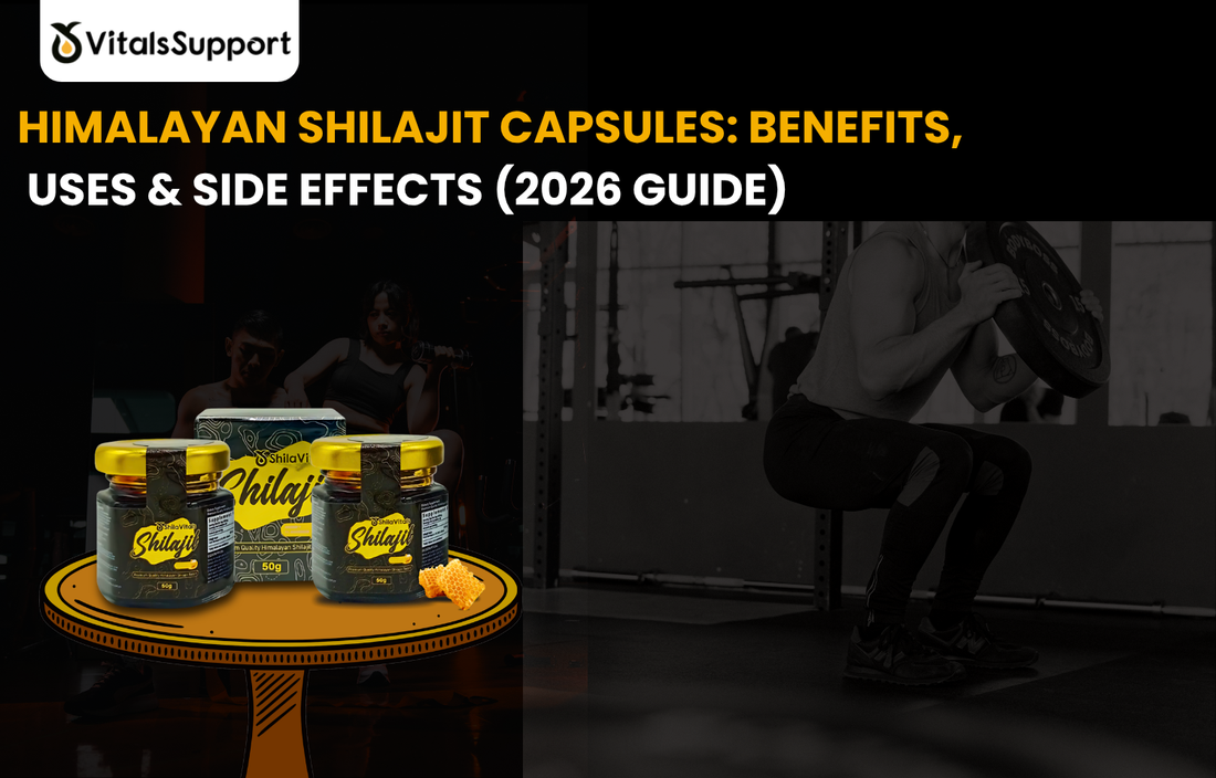 "Himalayan Shilajit capsules for natural energy, focus, and wellness support on a wooden background"