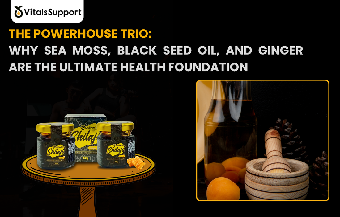 Organic Sea Moss, Black Seed Oil, and Ginger capsules for immune support by Vitals Support.