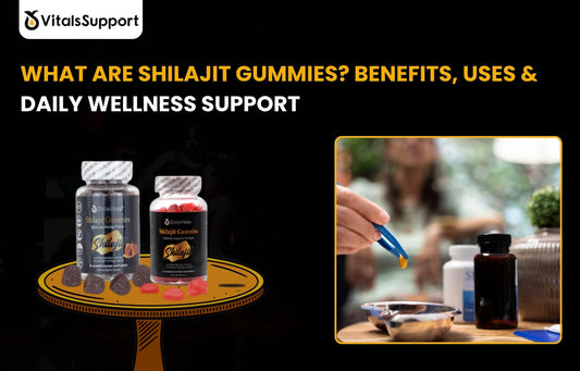 Organic shilajit gummies jar by VitalsSupport with Himalayan mountains background